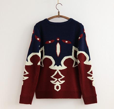 2014 Style Fall/winter Boho Geometric Pattern Loose Kintting Pullover With Long Sleeve-color Burgundy