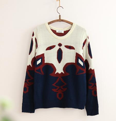 2014 Style Fall/winter Boho Geometric Pattern Loose Kintting Pullover With Long Sleeve-color Blue